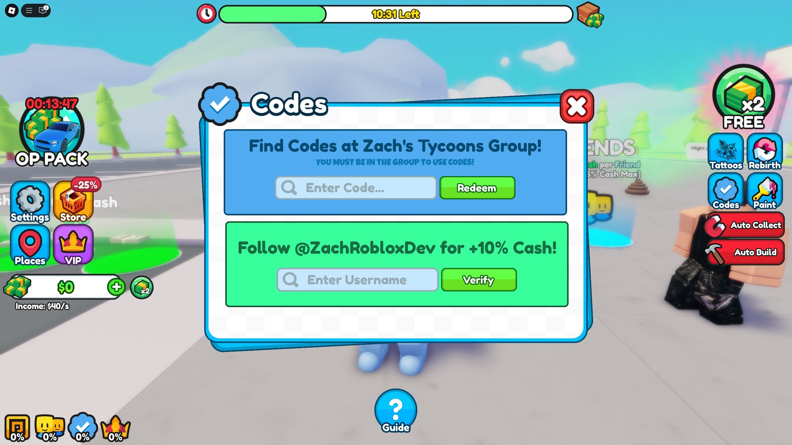 Tattoo Studio Tycoon Roblox in-game Codes redemption menu on the right side of the screen